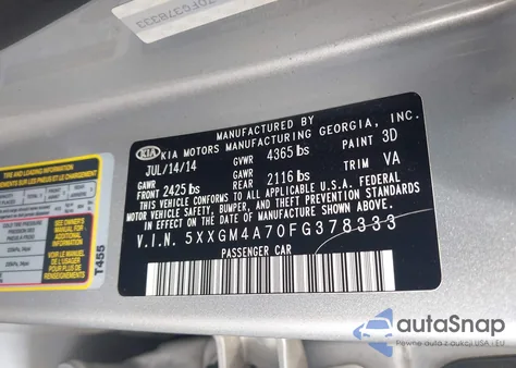 2015 Kia Optima Lx z USA, uszkodzony, nr VIN 5XXGM4A70FG378333